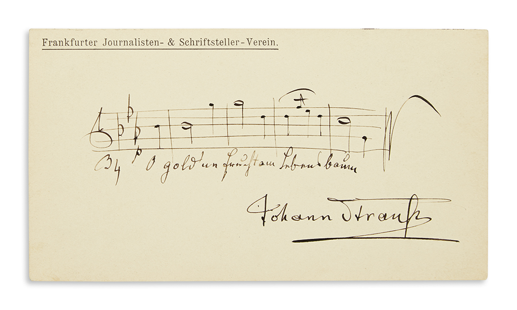STRAUSS, JOHANN; JR. Autograph Musical Quotation Signed, 5 bars from the second act of his Ritter Pázmán,
